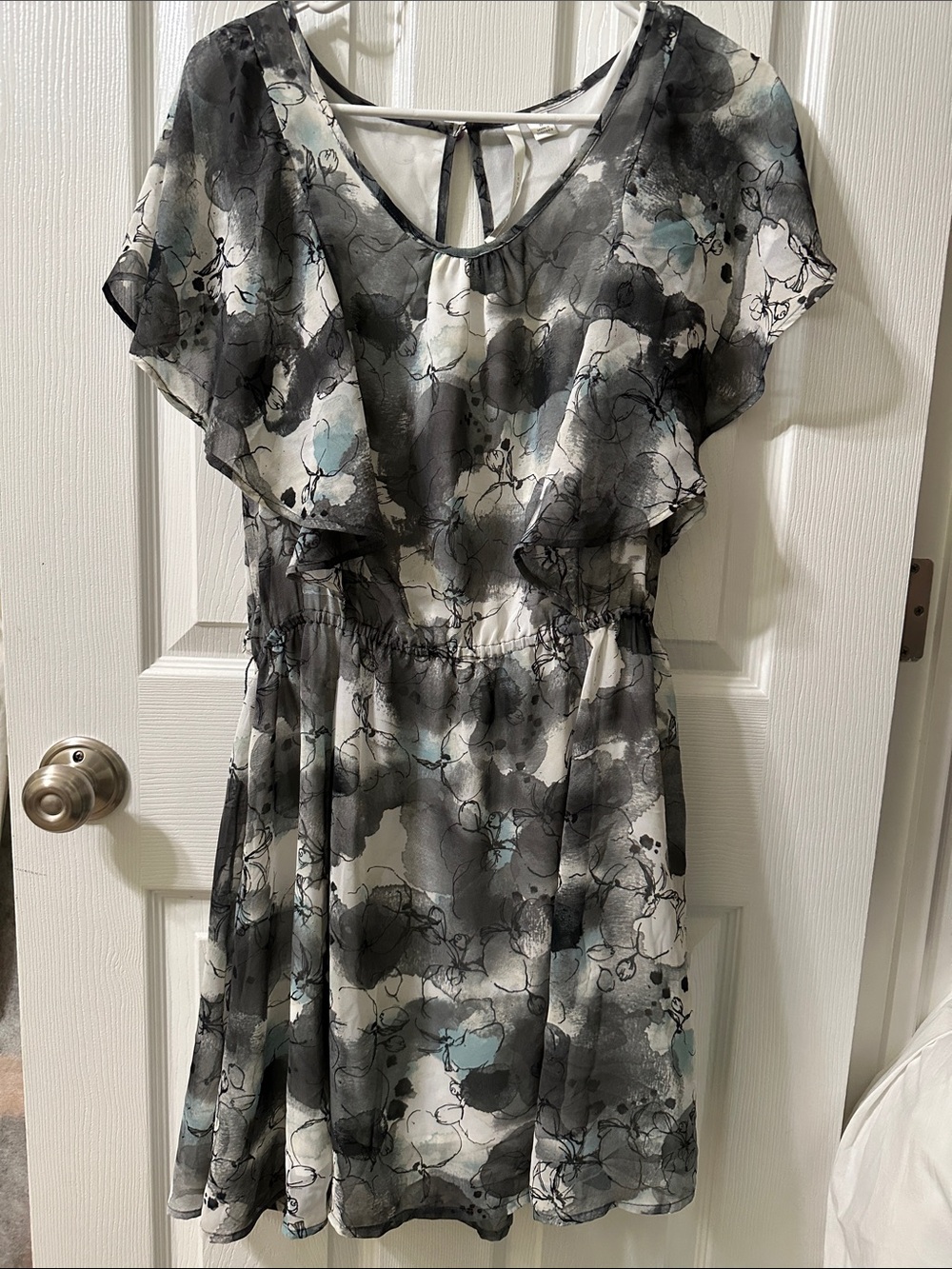 LC Lauren Conrad Black Gray White Floral Mini Dress with Blue Accents